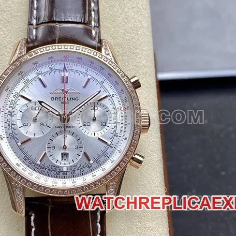 collectible watch BLS factory silver white dialBreitling aviation chronographrose gold diamond leather strap caseback live photo