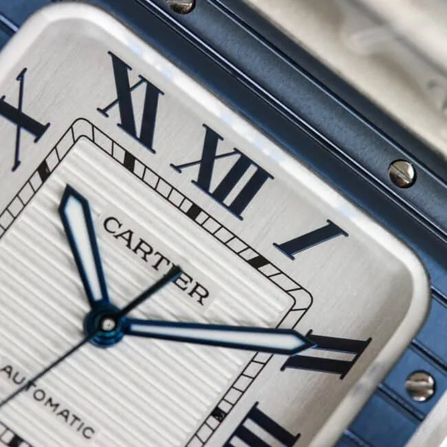 Side view of Cartier's new GF Santos white steel rubber strap men's watch