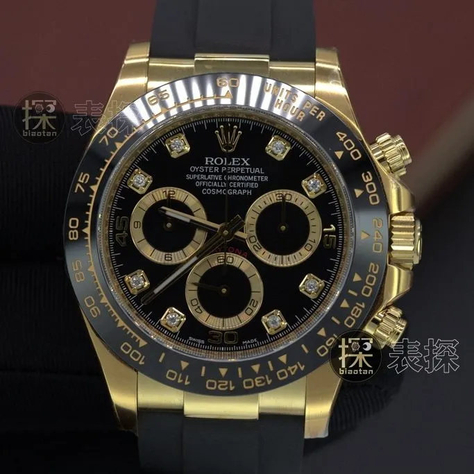 c factory DaytonaRolex1:1replica watch 18Kblack dial ring diamond chronographlume rubber leather bracelet front view