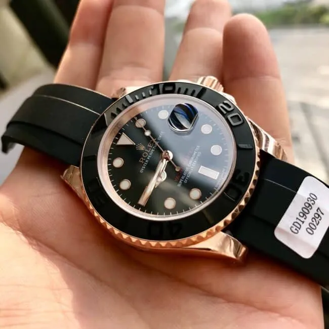 Top Rolex Gold Yacht-Master 18k rose gold black dial men's watch front view