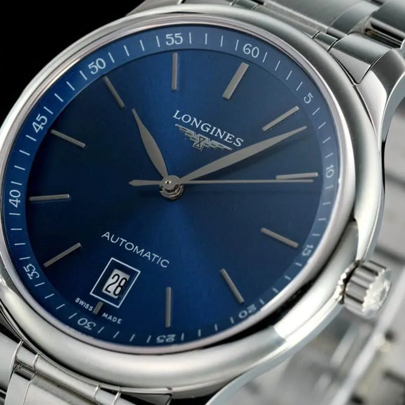 Longinestop-tier watch master series men's mechanical blue watch side view