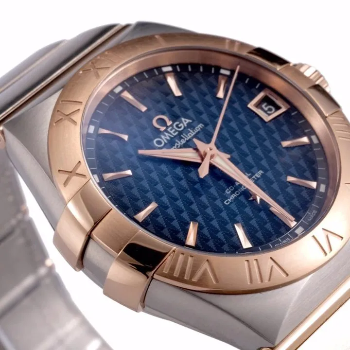 Omega1:1 vs constellation temperament blue dial8500 mechanical watch front view