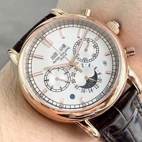 top-tier replicaPatek Philippe watch men's white dial brown belt super complex function chronograph series fully automatic movementleather strapdetail shots