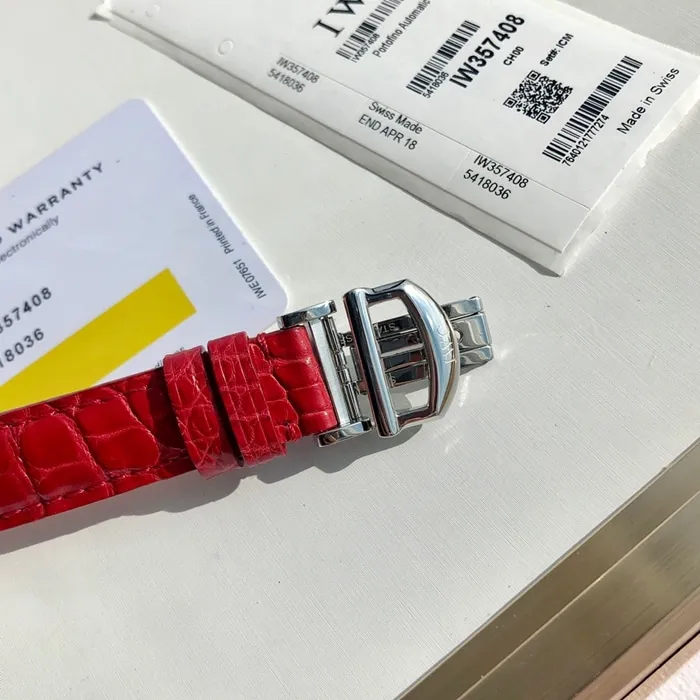 top-tier watch IWC women's white dial Portofino mechanical leather strap watch front view