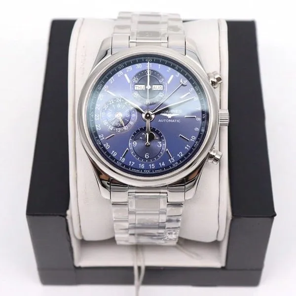 GL factory Longinesreplica watch famous eight-pin moon phase7751 blue dialsteel bracelet model clasp picture