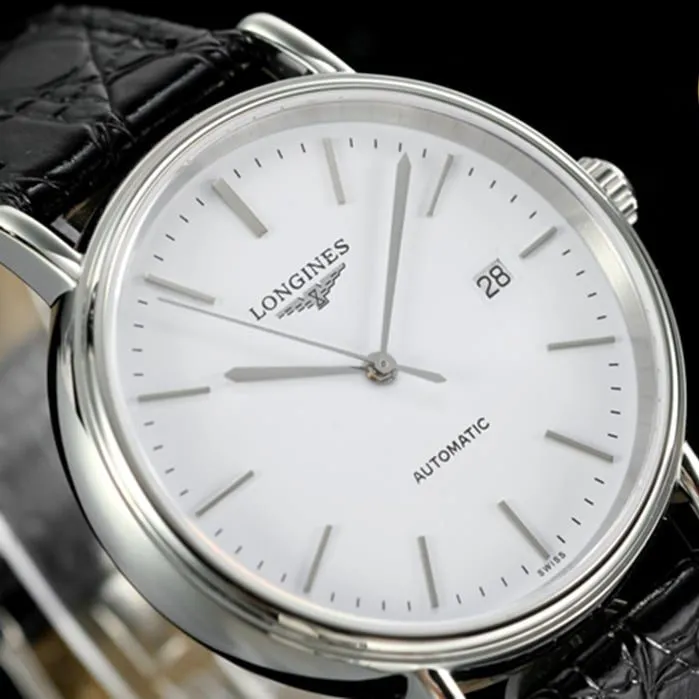 top-tier watch Longines men's white dial black belt magnificent series leather strap watch side view