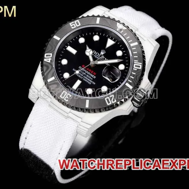 PPM factory Rolex Submariner top-tier replicablack dial carbon fiber 3135 white leather strap model side live photo