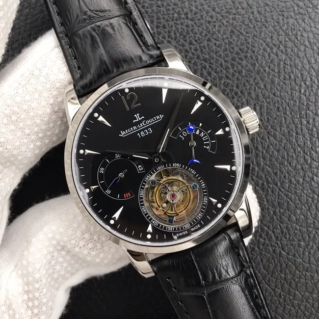 Jaeger-LeCoultretop-tier watch men's black dial black belt multi-function series tourbillon mechanical watch side view
