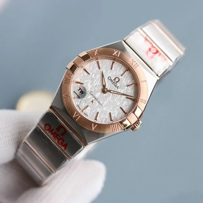 TW factory Omega women's watch white dialsteel bracelet constellation series quartz front view