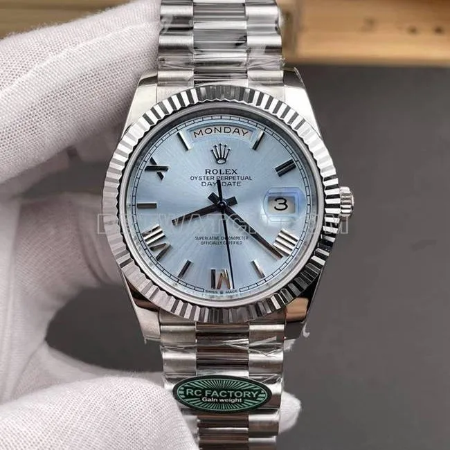 Rolextop-tier watch RC factory Day-Date40mm ice blue dial3255steel bracelet model side live photo