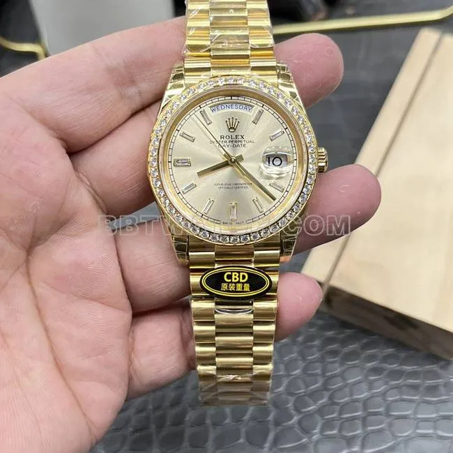 collectible watch CBD factory gold plate RolexDay-Dateyellow golddiamond bezel3255 mechanical side live photo