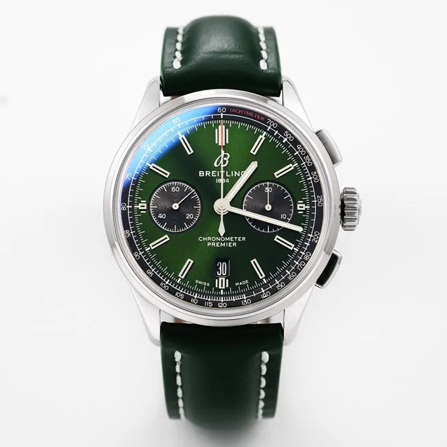 GF Factory new Breitlingtop-tier watch men's green dial green strap v2 upgraded version automatic movementleather strap watch front view