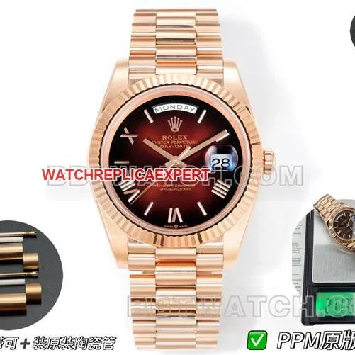 top-tier watch Rolexrose goldPPM factory Day-Date mechanical gradient brown dial Roman numerals side live photo