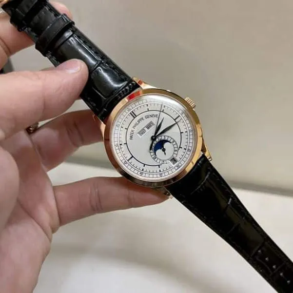 Patek Philippesuper watch complex monthly calendar date displayday display series men's leather strap mechanical rose gold watch front view