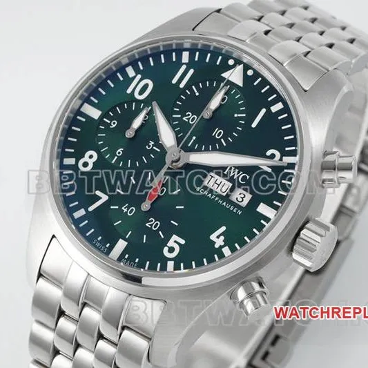 IWC collectible watch APS factory pilot green dialchronograph69385movementsteel bracelet model side live photo