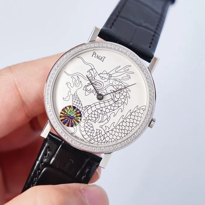 Top-tier watch Piaget men's white dial dragon and phoenix series leather strap watch side view