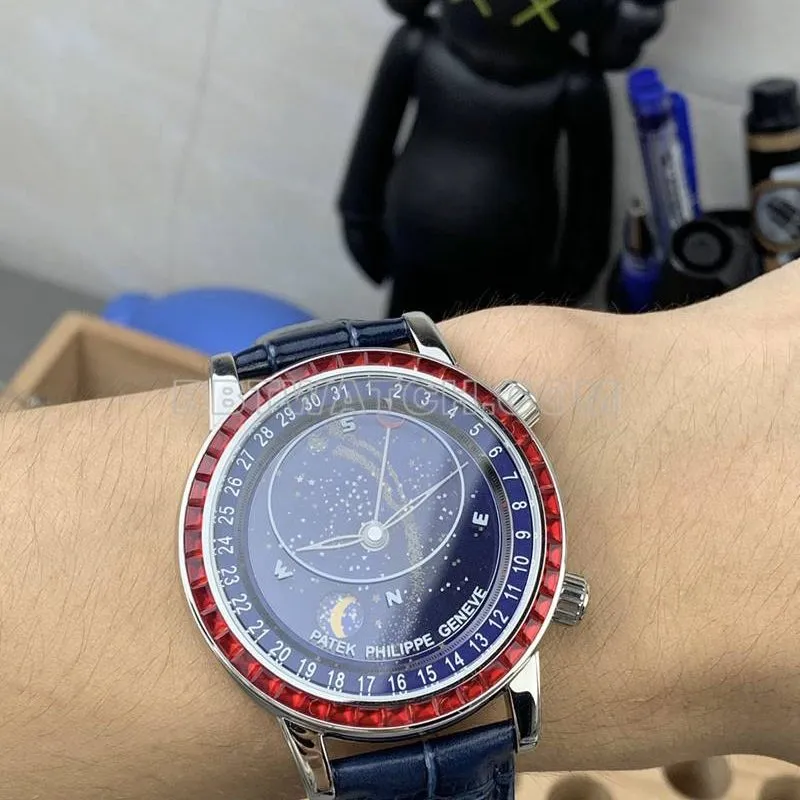 Patek Philippe collectible watch 3K Factory super complication timepiece blue dial red diamond bezelleather strap model side live photo