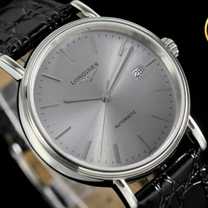 top-tier watch Longines men's gray plate black belt magnificent leather strap watch clasp picture