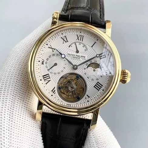 Patek Philippetop-tier watch men's white dial black belt tourbillon automatic complex function series leather strap watch leather strap picture
