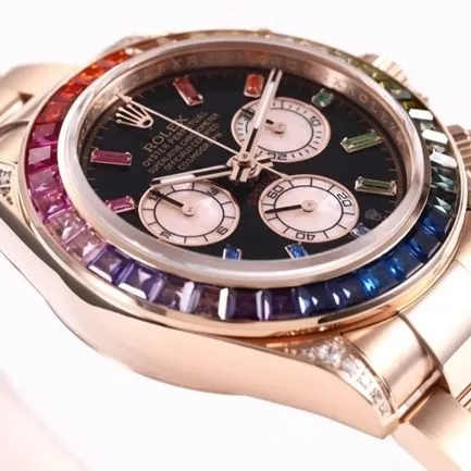top-tier replicaRolex men's black dialrose gold with new Daytona rainbow automatic movement watch side view