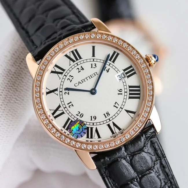 top-tier replicaCartierhigh-quality watch London series couple white dial black belt quartzleather strap front view