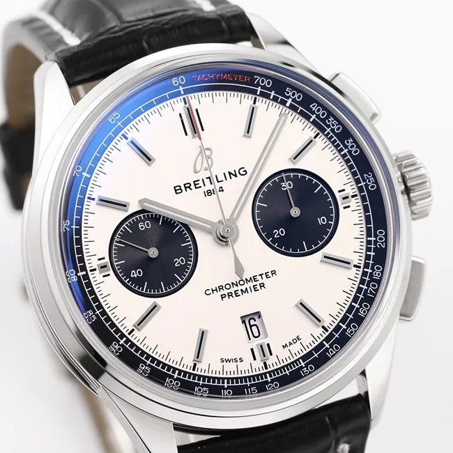 GF Factorytop-tier watch Breitling B01chronograph men's white dial black belt v2 upgraded version automatic movementleather strap watch front view