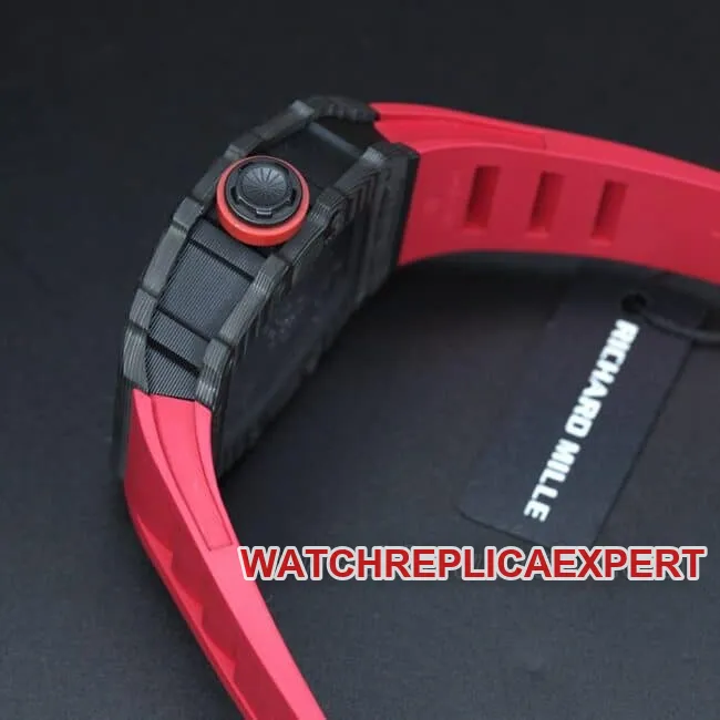 top-tier watch Richard Millerm53 carbon fiber men's black dial red strap hollow mechanical watch front view