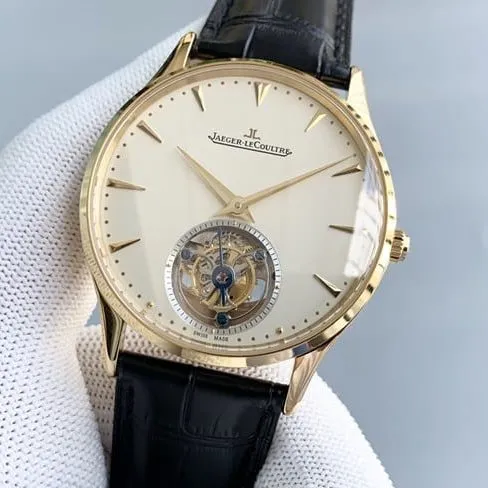 Jaeger-LeCoultretop-tier watch men's white dial black belt master series fully automatic movement tourbillonleather strap watch detail shots