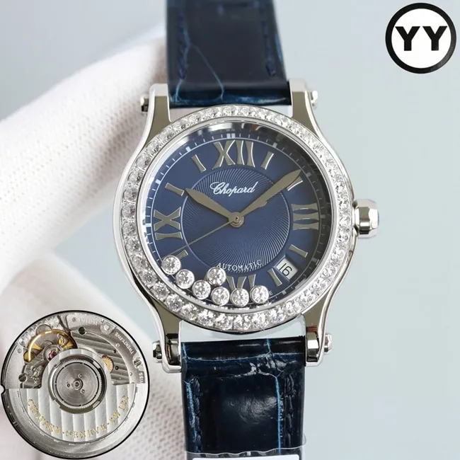 High-quality Chopard women's watch with blue dial, blue strap, Happy Diamonds series mechanical watch, detailed pictures