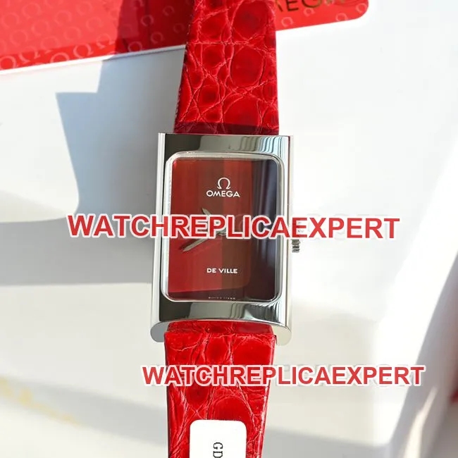 collectible watch De Ville Omega red dial quartz red leather strap side real shot photos