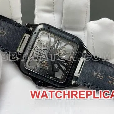 collectible watch Santos MLF factory Cartier black hollow plate mechanical leather strap model side live photo