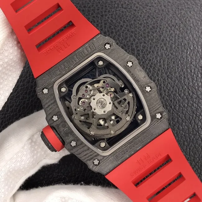 ZF Factory Top collectible watches Richard Mille Men's Black Plate Red Rubber Band Automatic Mechanical Watch Side View