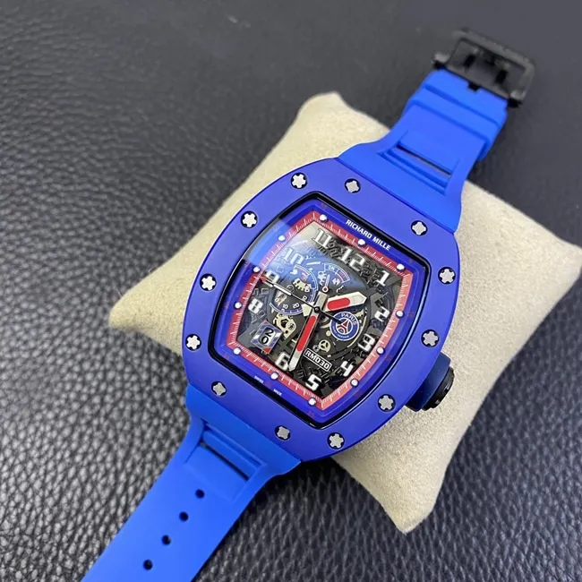 top-tier watch Richard MilleRM030 men's black dial blue rubber strapautomatic movement watch side view