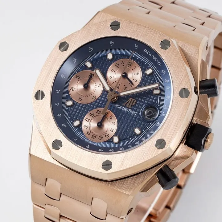 APF factory Audemars Piguet men's Royal Oak offshore watch dark blue dialrose goldsteel bracelet model 26238OR.OO.2000OR.01side live photo