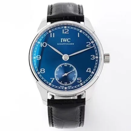 ZF Factorytop-tier replicaIWChigh-quality watch men's blue dial black belt Portuguese series automatic movementleather strap watch front view