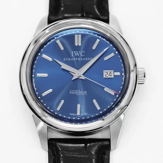 top-tier watch IWC men's blue dial black belt automatic movementleather strap watch detail shots