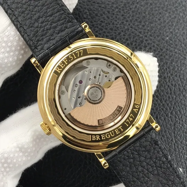 top-tier watch Breguet men's white dial black belt classic series automatic movementleather strap watch side view
