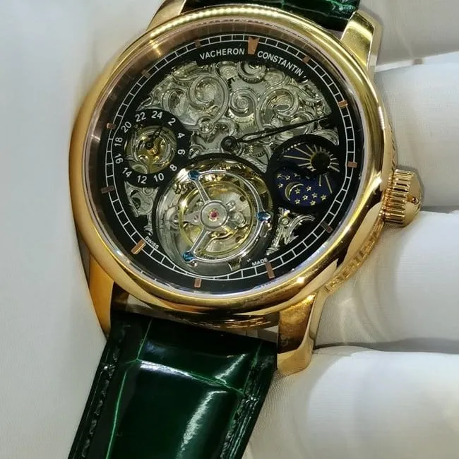 top-tier watch Vacheron Constantin men's black dial green strap tourbillon mechanical leather strap watch clasp picture