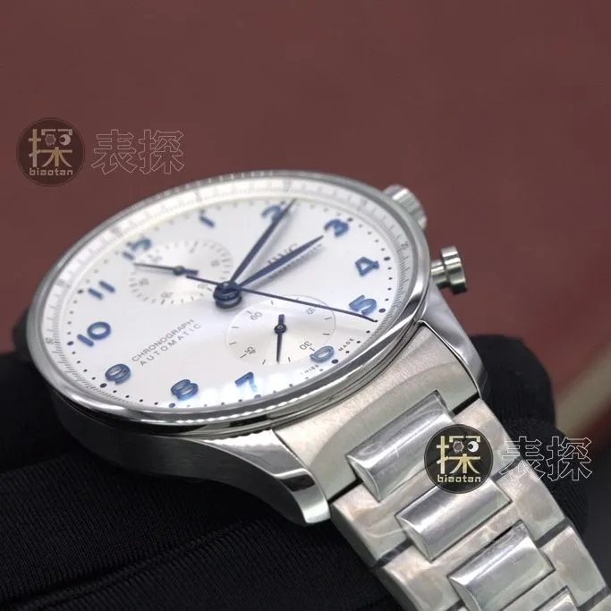zf factory Portuguese IWC1:1replica watch white dialchronographsteel braceletclasp picture