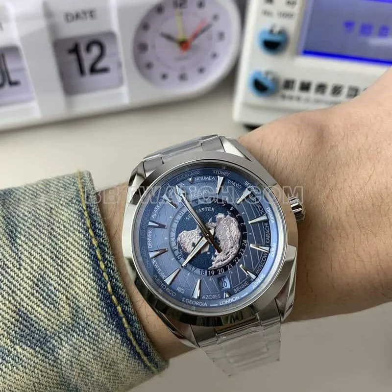 VS Omega Seamaster super A imitation blue plate world time 220.10.43 strap real picture