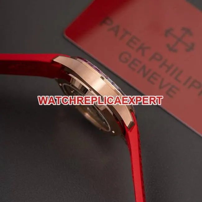 collectible watch Patek PhilippePPM factory Aquanaut mechanical red rubber braceletside live photo