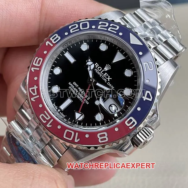 top-tier watch ERF factory GMT-MasterRolexblack dial red and blue circle 3285 mechanical caseback live photo