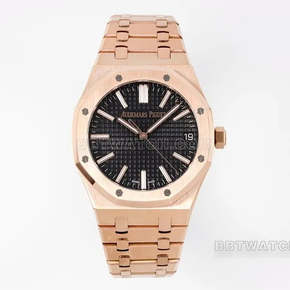 APS factory Audemars PiguetRoyal Oaksuper cloneblack dialrose goldsteel bracelet model 15510OR.OO.1320OR.04side live photo
