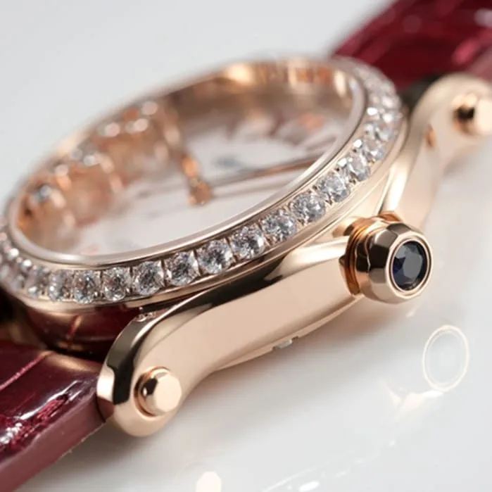 top-tier watch Chopard women's white dial red band HAPPY DIAMONDS series mechanical watch side view