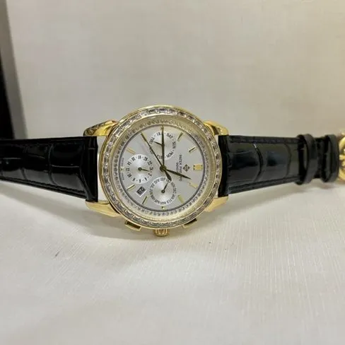 top-tier watch Patek Philippe women's white dial black belt complex chronograph function series leather strap watch front view
