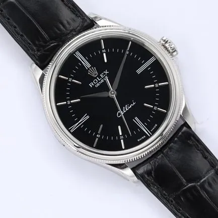 top-tier watch Rolex men's black dial black belt Cellini series automatic movementleather strap watch side view