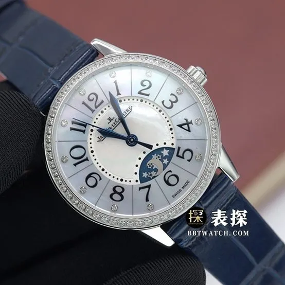 Dating Jaeger-LeCoultre1:1replica watch blue mother-of-pearl plate with diamond bezelleather strap model side live photo