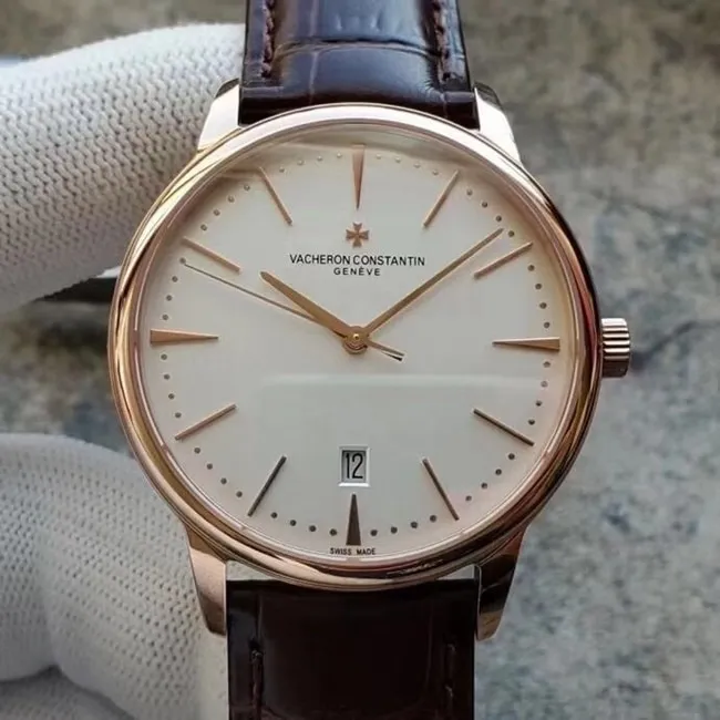 MKS Factorytop-tier replicaVacheron Constantin men's white dial brown belt heritage series 85180automatic movementleather strap watch side view