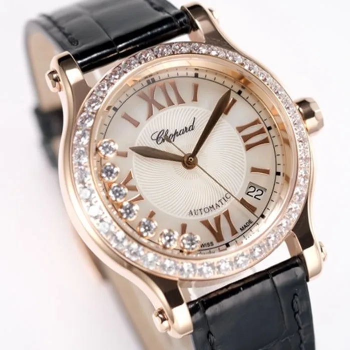 top-tier watch Chopard women's gold plate black belt happy diamond series leather strap watch front view