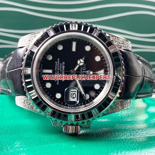 Rolex Submariner Super A Black Dial Diamond Bezel Leather Strap Real Shot Photo
